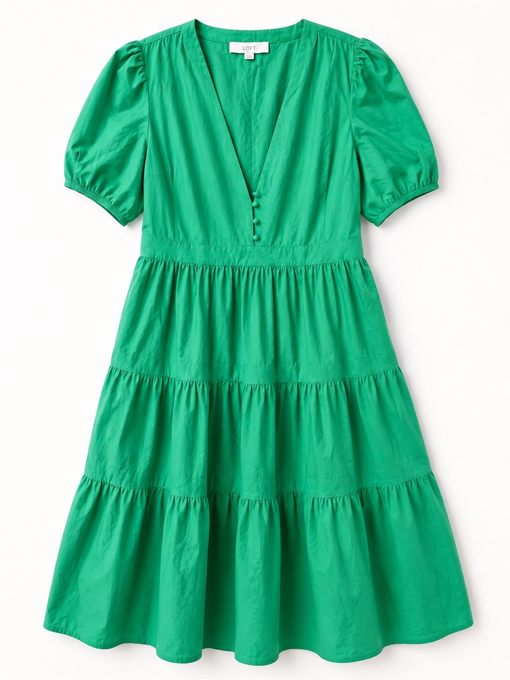 LOFT Green Tiered Midi Dress Size 10 Puff Sleeve Button Front Summer Resort